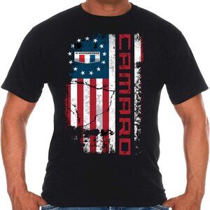 JH Design Men's Chevy Camaro T-Shirt USA Flag Short Sleeve Black Crew Neck Shirt